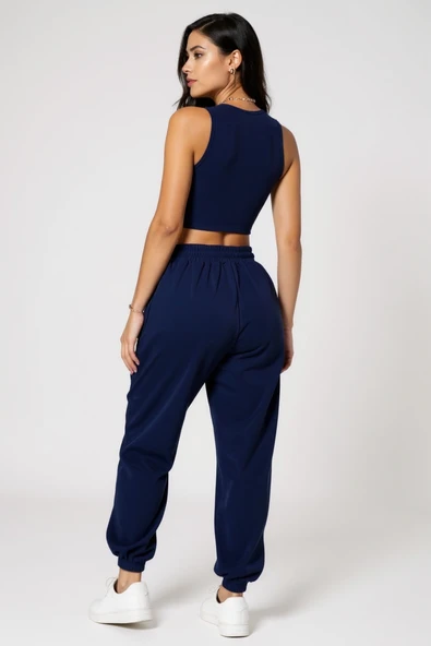 Kadın Lacivert Kaşkorse Cepli Jogger Eşofman Altı ve Crop Top Bluz - Resim 3