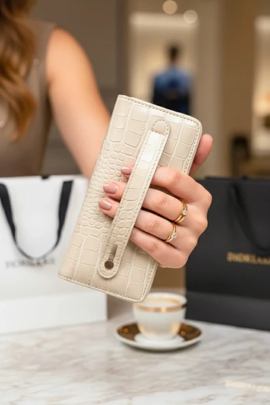 Telefon Bölmeli Timsah Desenli Fermuarlı Kadın Cüzdanı Bej Vegan Deri ürün görseli 1