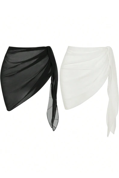 Kadın Siyah Beyaz Transparan Belden Bağlamalı Pareo 2'li - Modern ve Şık Tasarım ürün görseli 1