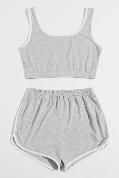 Kadın Gri Askılı Crop Top ve Şortlu Gecelik Takım - Resim 3