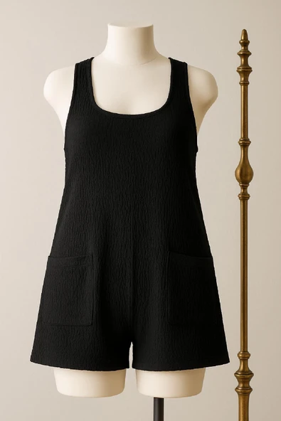 Kadın Siyah Mini Cepli Tulum Plaj Elbisesi - Şık, Rahat ve 4 Mevsim Kullanıma Uygun - Resim 4