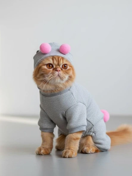 Ponpon Şeker Kedi Tulumu & Bere Takımı | Şardonlu Polar Kumaş | Tüy Dökülmesini Azaltır - Resim 4