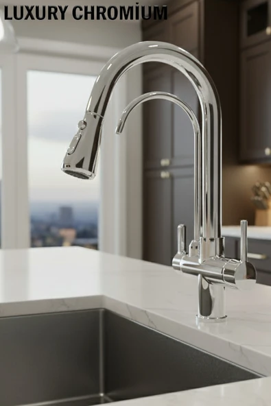 Arıtmalı Spiralli Pull-out Mutfak Bataryası Krom Renk Musluk Armatür ürün görseli 1