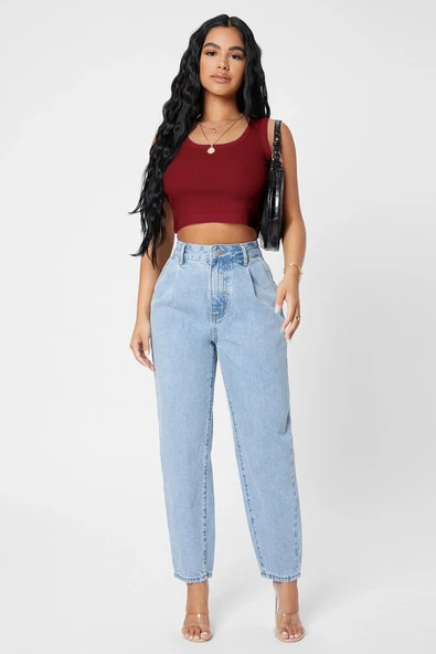 Kadın Bordo Kare Yaka Crop Top Bluz - Şık, Rahat ve Kolay Kombinlenebilir - Resim 5
