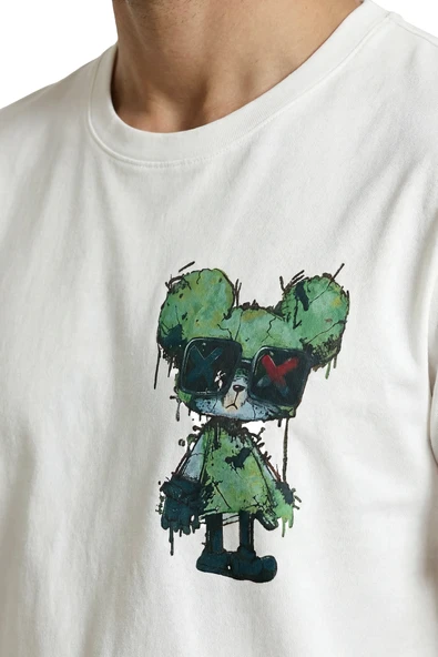 Graffiti Tarzı Gözlüklü Yeşil Ayıcık Baskılı Premium Erkek Tişört - Resim 6