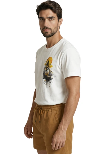 Orman ve Gün Batımı Temalı Sanatsal Doğa Baskılı Premium Erkek Tişört - Resim 2