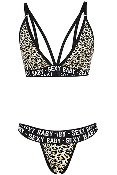 Kadın Leopar Desenli Yazı Detaylı Ipli Sütyen Takımı - Modern, Konforlu ve Günlük Kombinlere Uygun - Resim 3