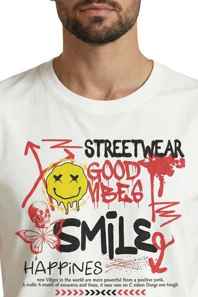 ''Streetwear Good Vibes'' ve ''Smile'' Yazılı Graffiti Temalı Premium Erkek Tişört - Resim 7