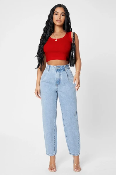 Kadın Kırmızı Kare Yaka Crop Top Bluz - Şık, Rahat ve Kolay Kombinlenebilir - Resim 5