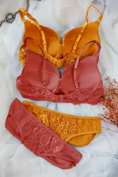 Kadın Hardal Ve Kiremit Rengi Dolgulu Balenli Sütyen Külot 2'li Paket - Modern ve Şık Tasarım - Resim 2