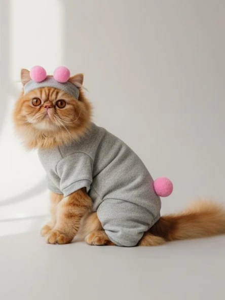 Ponpon Şeker Kedi Tulumu & Bere Takımı | Şardonlu Polar Kumaş | Tüy Dökülmesini Azaltır ürün görseli 1