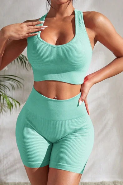 Kadın Açık Mavi Yüksek Bel Çapraz Sırt Detaylı Şortlu Gecelik Takım ürün görseli 1