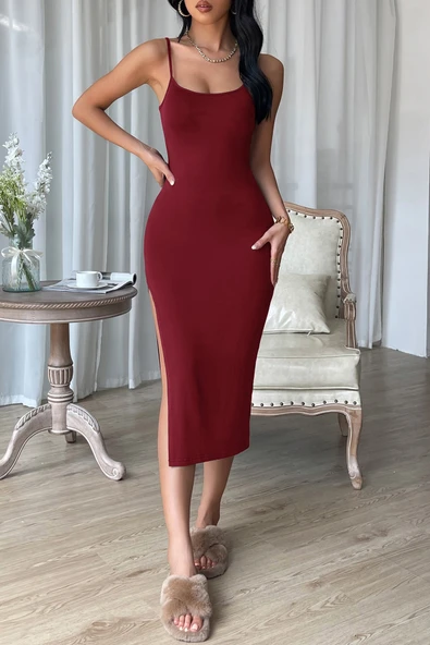 Kadın Bordo Yırtmaçlı Diz Altı Vücüdu Saran Gecelik - Resim 6