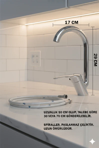 Mutfak Bataryası Baston Boru Krom Renk Tasarruf Başlıklı Eviye Musluğu Musluk Armatür - Resim 3