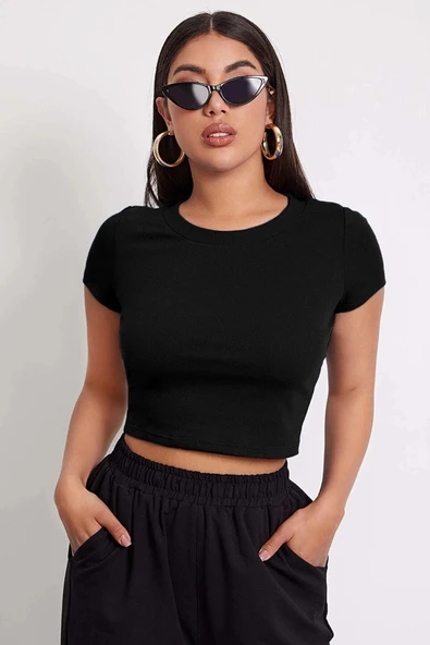Kadın Siyah Yuvarlak Yaka Yarım Kol Crop Top Bluz - Şık, Rahat ve Kolay Kombinlenebilir - Resim 3