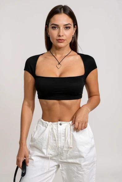 Kadın Lacivert Göğüs Dekolteli Uzun Kollu Cut Out Crop Top Bluz - Resim 2