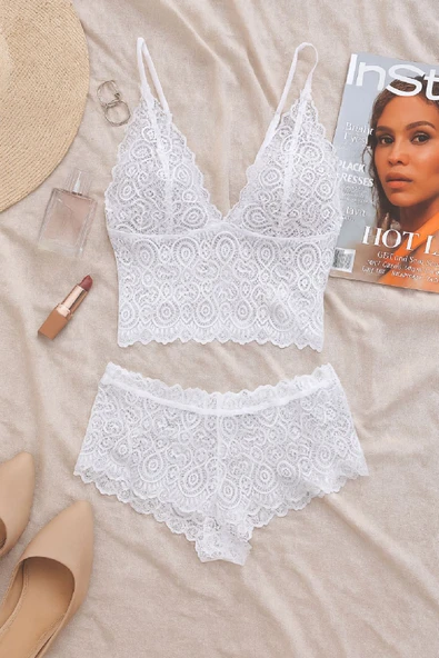Kadın Beyaz Dantel Bralet Şort Takımı - Romantik ve Zarif İç Giyim ürün görseli 1