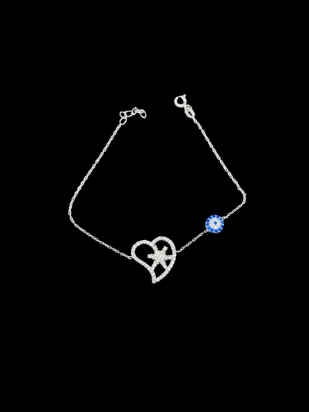 ? Nazar Boncuğu ve Kalp Figürlü Zirkon Taşlı 925 Ayar Gümüş Bileklik — Zarafet ve Korumanın Sembolü ürün görseli 1