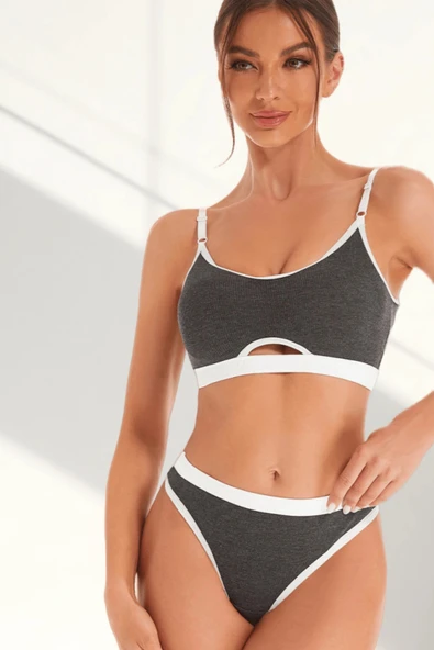 Kadın Gri Antrasit Kaşkorse ve Beyaz Lastikli Cut-Out Tanga Külotlu Takım - Modern, Konforlu - Resim 4