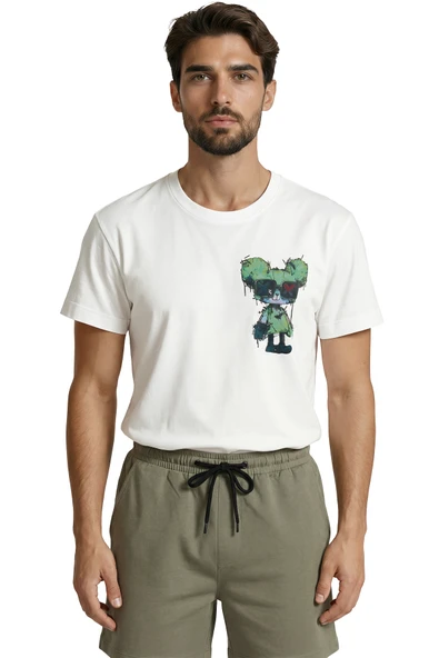 Graffiti Tarzı Gözlüklü Yeşil Ayıcık Baskılı Premium Erkek Tişört ürün görseli 1