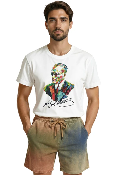 Renkli Atatürk Portreli ve İmzalı Özel Tasarım Premium Erkek Tişört ürün görseli 1