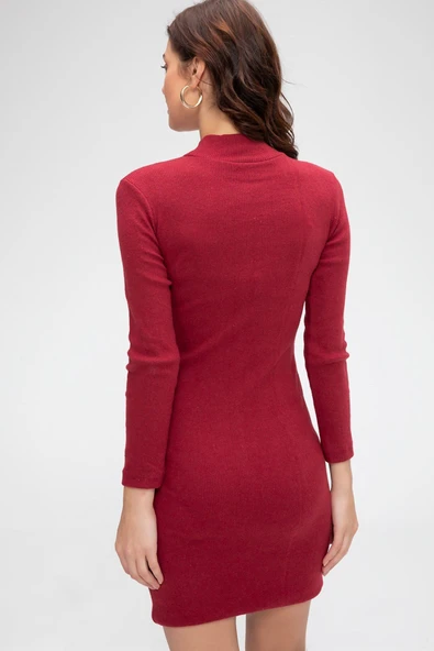 Kadın Bordo Kaşkorse Balıkçı Yaka Uzun Kollu Bodycon Mini Elbise - Şık, Rahat ve 4 Mevsim - Resim 4