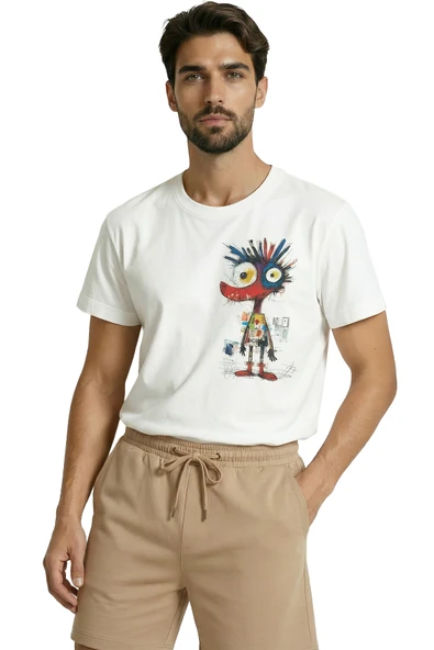 Renkli ve Çılgın Graffiti Karakter Baskılı Tasarım Premium Erkek Tişört - Resim 6