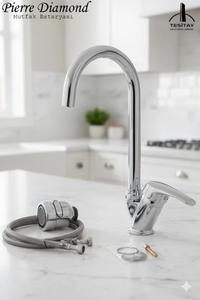 Mutfak Bataryası Baston Boru Krom Renk Tasarruf Başlıklı Eviye Musluğu Musluk Armatür - Resim 4