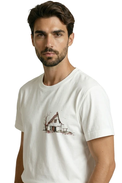 Minimalist Eskiz Köy Evi Baskılı Tasarım Premium Pamuk Erkek Tişört - Resim 5