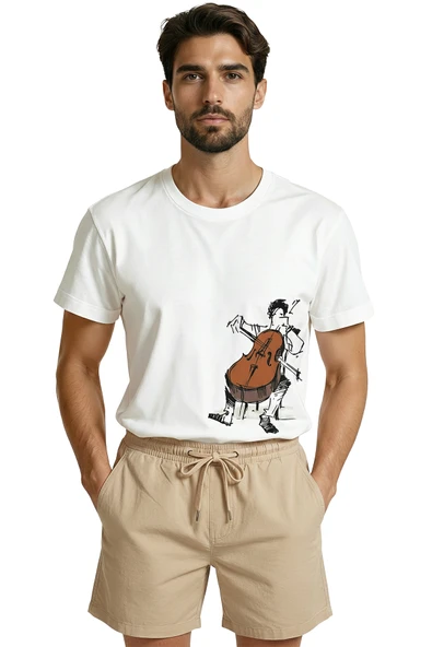 Sanatsal Çello Çalan Müzisyen Eskiz Baskılı Premium Erkek Tişört - Resim 6