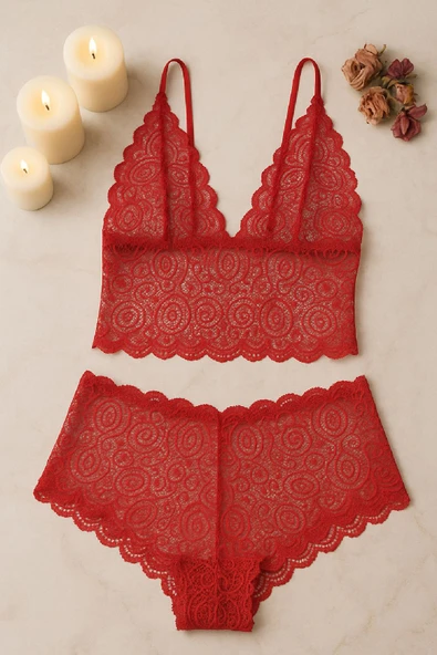 Kadın Kırmızı Dantel Bralet Şort Takımı - Tutkulu ve Çekici İç Giyim - Resim 2