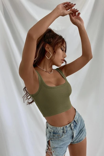 Kadın Haki Yeşili Kalın Askılı Crop Top Büstiyer - Modern ve Şık Tasarım - Resim 3