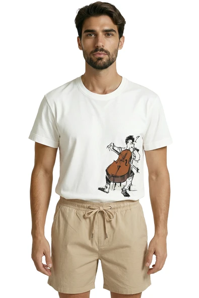 Sanatsal Çello Çalan Müzisyen Eskiz Baskılı Premium Erkek Tişört ürün görseli 1