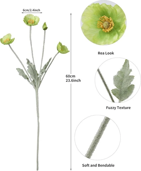 Yapay Çiçek Gelincik Çiçeği Yeşil Renk 3 Çiçek 1 Tomurcuk 59Cm - Resim 5