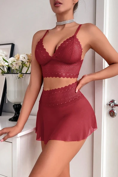 Kadın Bordo Dantel ve Tül Detaylı Etekli Şık Gecelik Takımı - Modern, Konforlu - Resim 5