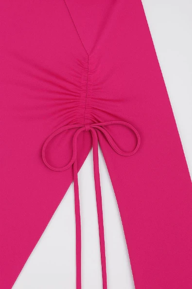 Kadın Fuşya Uzun İspanyol Kollu Asimetirik Yaka Yandan Bağlamalı Drapeli Bluz - Resim 5