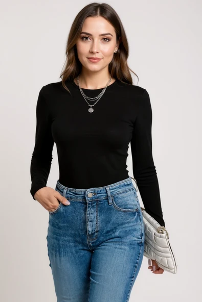 Kadın Siyah Uzun Kollu Fit Basic Crop Top Bluz ürün görseli 1