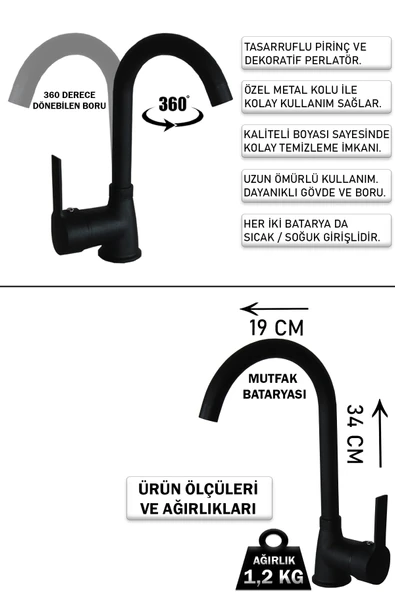 Mutfak Bataryası Delta Model Ağır Siyah Renk Eviye Musluğu Musluk Armatür - Resim 2