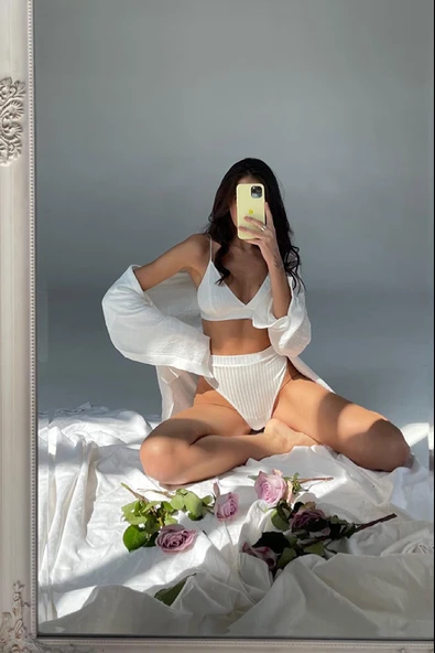 Kadın Beyaz Yüksek Bel Dolgusuz Slip Takım - Modern, Konforlu ve Günlük Kombinlere Uygun - Resim 6