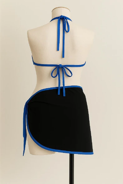 Kadın Mavi Pareolu Yandan ve Boyundan Bağlamalı 3'lü Bikini Takımı - Resim 3