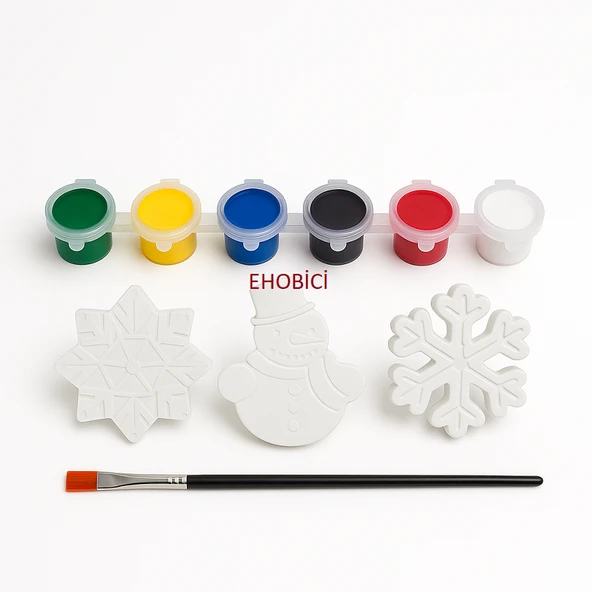 Ehobici Taş Boyama Seti Kardan Adam & Kar Taneleri 6 Renk Akrilik Boya 5ml + Fırça ürün görseli 1
