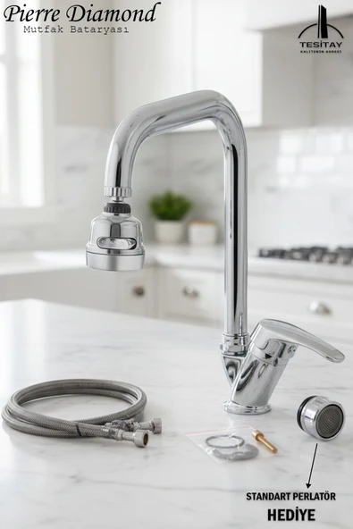 Mutfak Bataryası Köşe Boru Krom Renk Tasarruf Başlıklı Eviye Musluğu Musluk Armatür ürün görseli 1