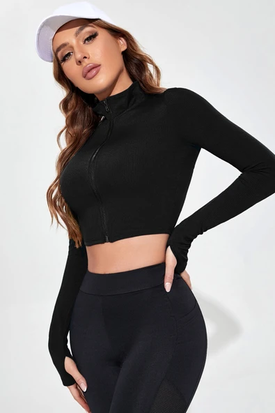 Kadın Siyah Uzun Kol Fermuarlı Parmak Geçme Detaylı Dik Yaka Crop Top Bluz - Resim 5