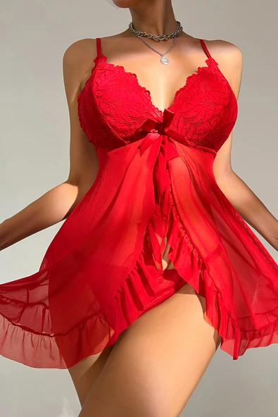 Kadın Kırmızı Dantelli, Fırfırlı Tül ve Fiyonk Detaylı Tangalı Gecelik Takımı - Modern, Konforlu - Resim 3