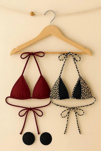 Kadın Leopar Desenli ve Bordo Minimal Kesim Üçgen Bikini Üstü - Modern ve Şık Tasarım ürün görseli 1