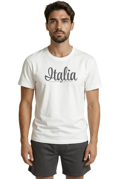 Zarif El Yazısı ''Italia'' ve Minimal Bayrak Baskılı Tasarım Premium Erkek Tişört ürün görseli 1
