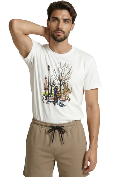 Sokak Müzisyeni Temalı Sanatsal Baskılı Premium Erkek Tişört - Resim 5