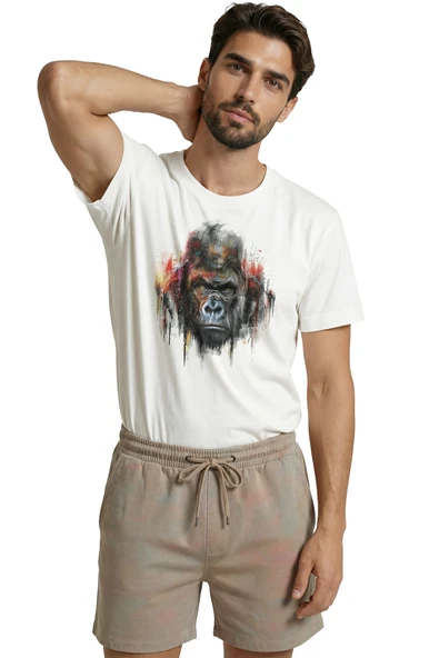 Sanatsal Goril Portresi ve Renkli Boya Efektli Tasarım Premium Erkek Tişört - Resim 4