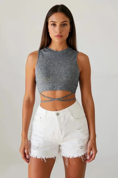 Kadın Gri Çapraz Bağlamalı Crop Top Büstiyer - Modern ve Şık Tasarım - Resim 6