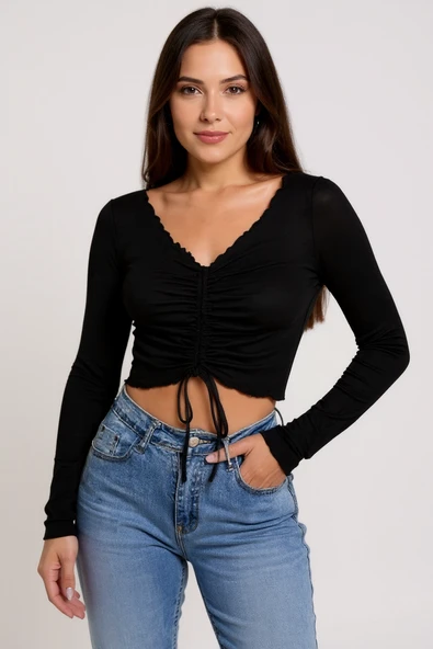 Kadın Siyah Uzun Kollu Büzdürme Bağcık Detaylı Crop Top Bluz - Şık, Rahat ve Kolay Kombinlenebilir - Resim 2